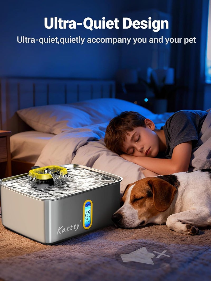 Kastty 4 Gal Dog Water Fountain for Large Dogs, 15L Stainless Steel Pet Water Fountain, QuietTriple Filtration Dog Water Bowl Dispenser with Water Level Window and LED Light Easy Clean(FS78,Yellow) - Image 4